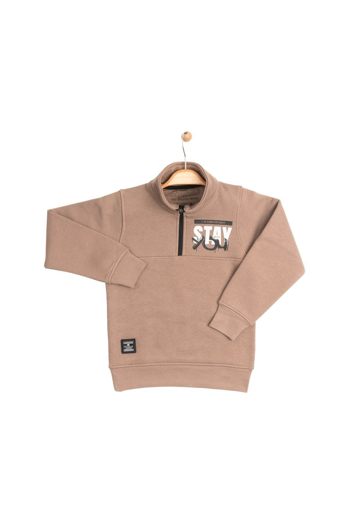 Pundikids Erkek Çocuk Yarım Fermuarlı Balıkçı Yaka Sweatshirt Bej - 7 Yaş