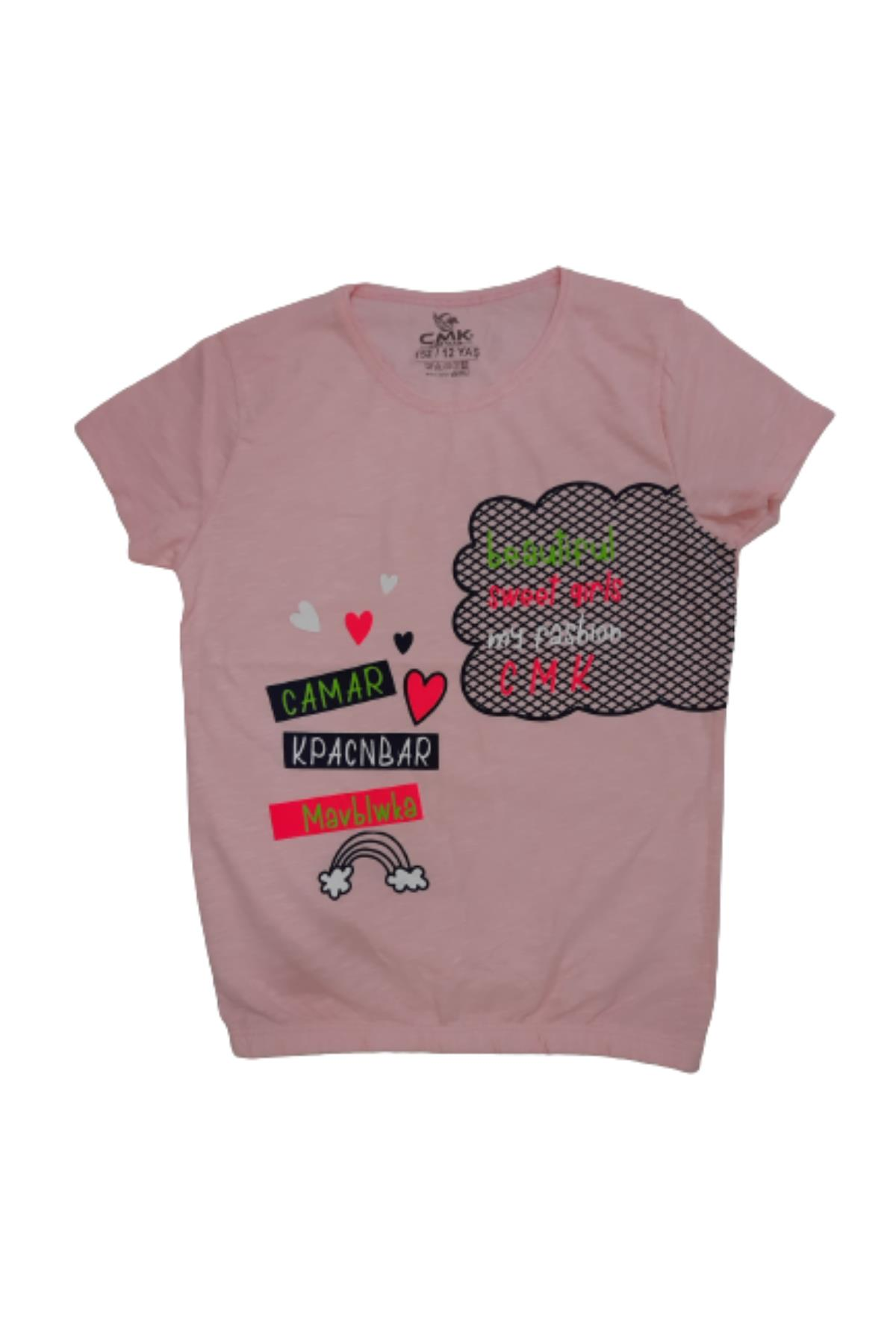 Kız Çocuk Eteği Lastikli Baskılı T-shirt Somon - 8 Yaş