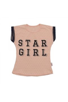 Star Girl Baskılı Kolları Dantel Detaylı Kız Çocuk T-shirt