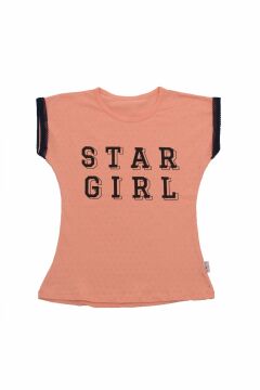 Star Girl Baskılı Kolları Dantel Detaylı Kız Çocuk T-shirt