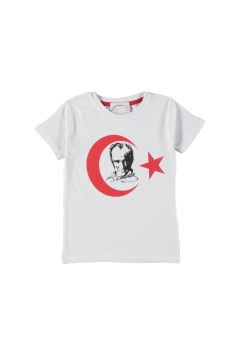 Pundikids Bayraklı Atatürk Baskılı T-shirt Beyaz - 9 yaş