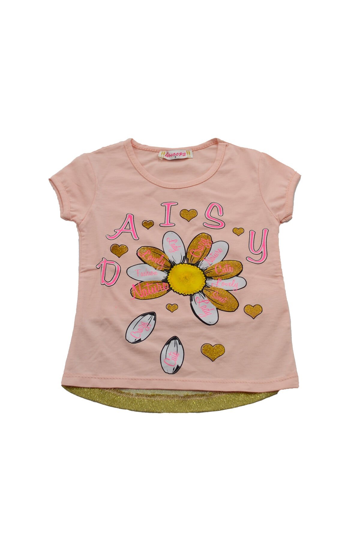 Whoops Papatya Baskılı Simli Kız Çocuk T-shirt Somon - 2 - 3 Yaş