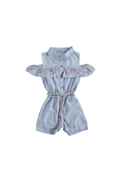 Nakışlı Kız Çocuk Keten Slopet Mavi - 1 - 2 Yaş