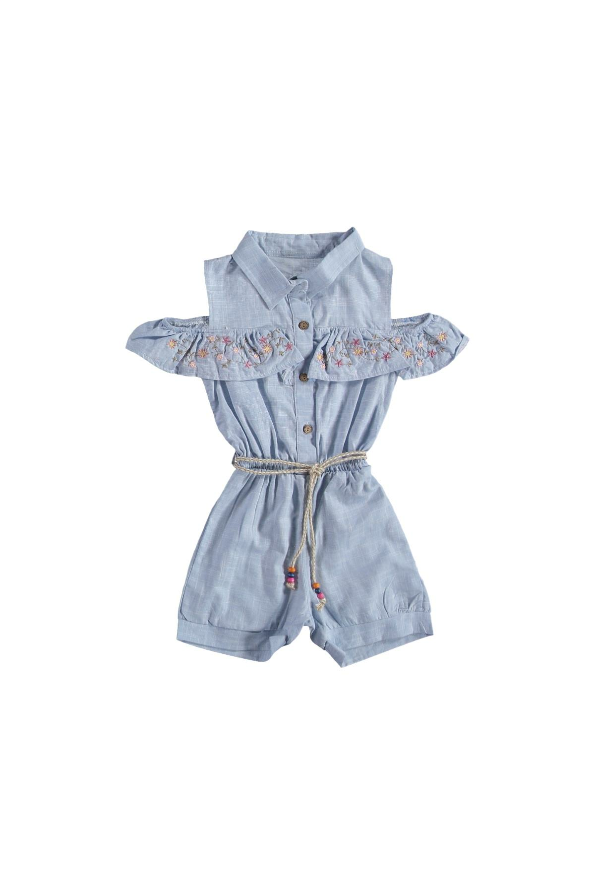 Nakışlı Kız Çocuk Keten Slopet Mavi - 2 - 3 Yaş