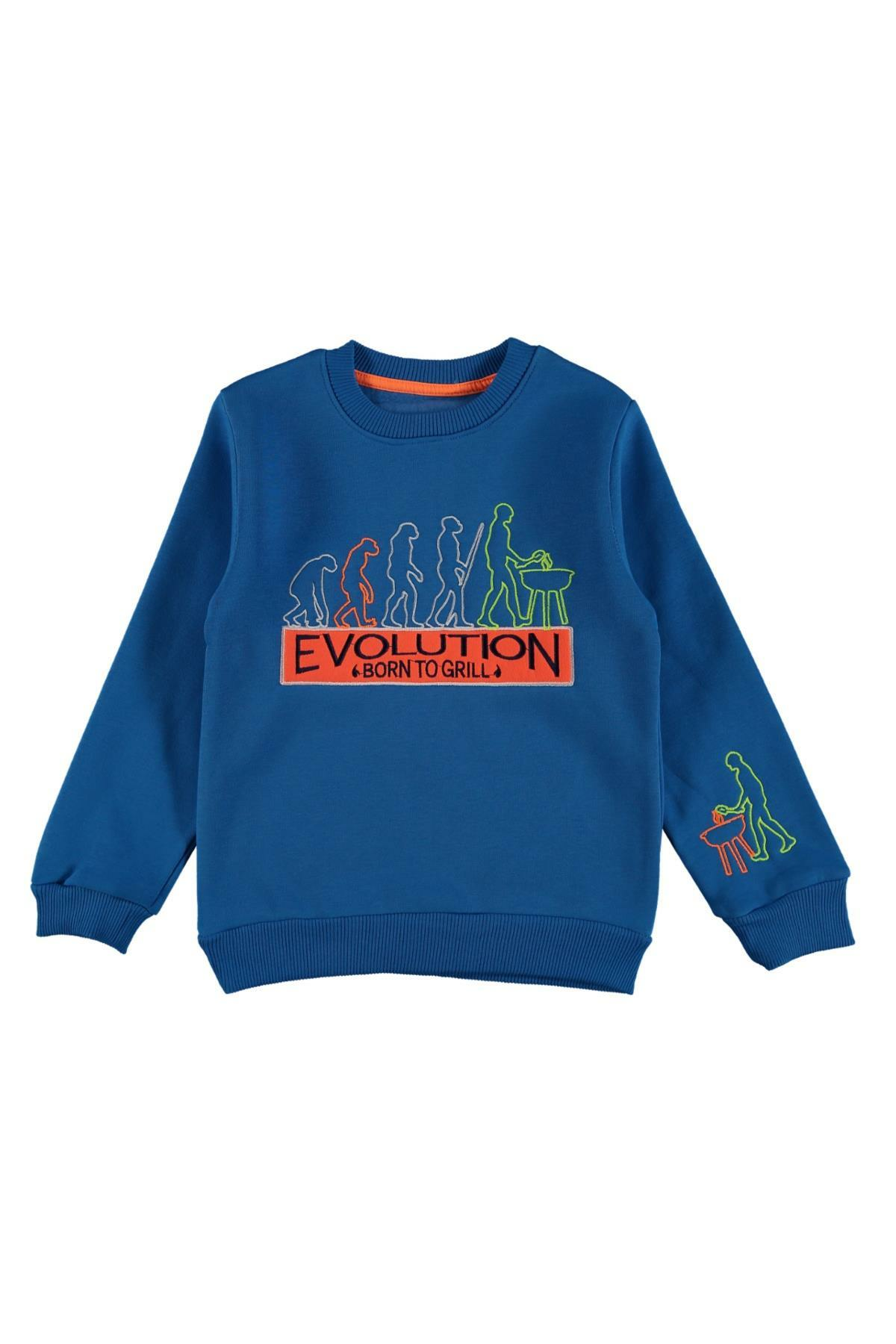 Pundikids Erkek Çocuk Evolutıon Baskılı 3 İplik Şardonlu Sweath Mavi - 7 - 8 Yaş