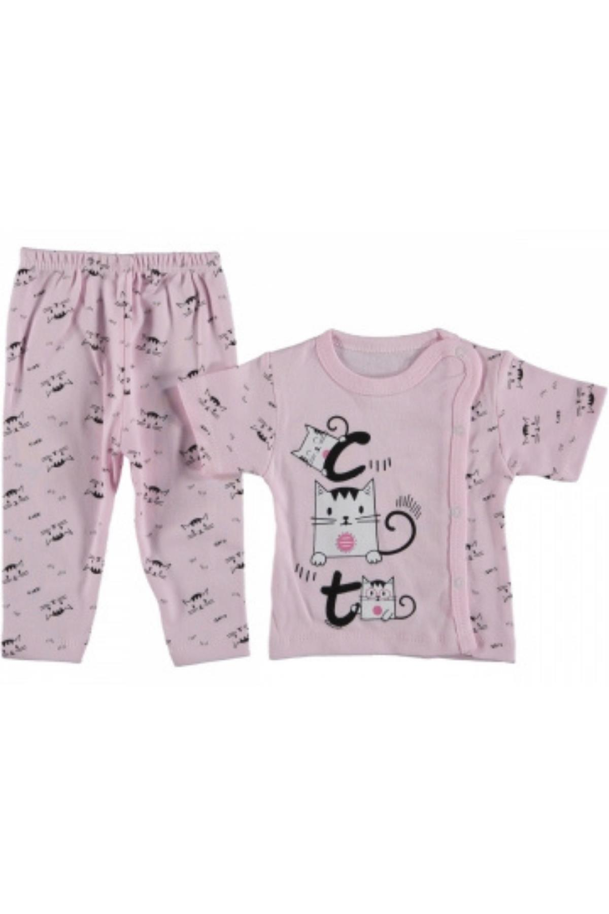 Pundikids Kız Bebek Kedi Baskılı 3'lü Zıbın Takımı Pembe - 0 - 3 Ay