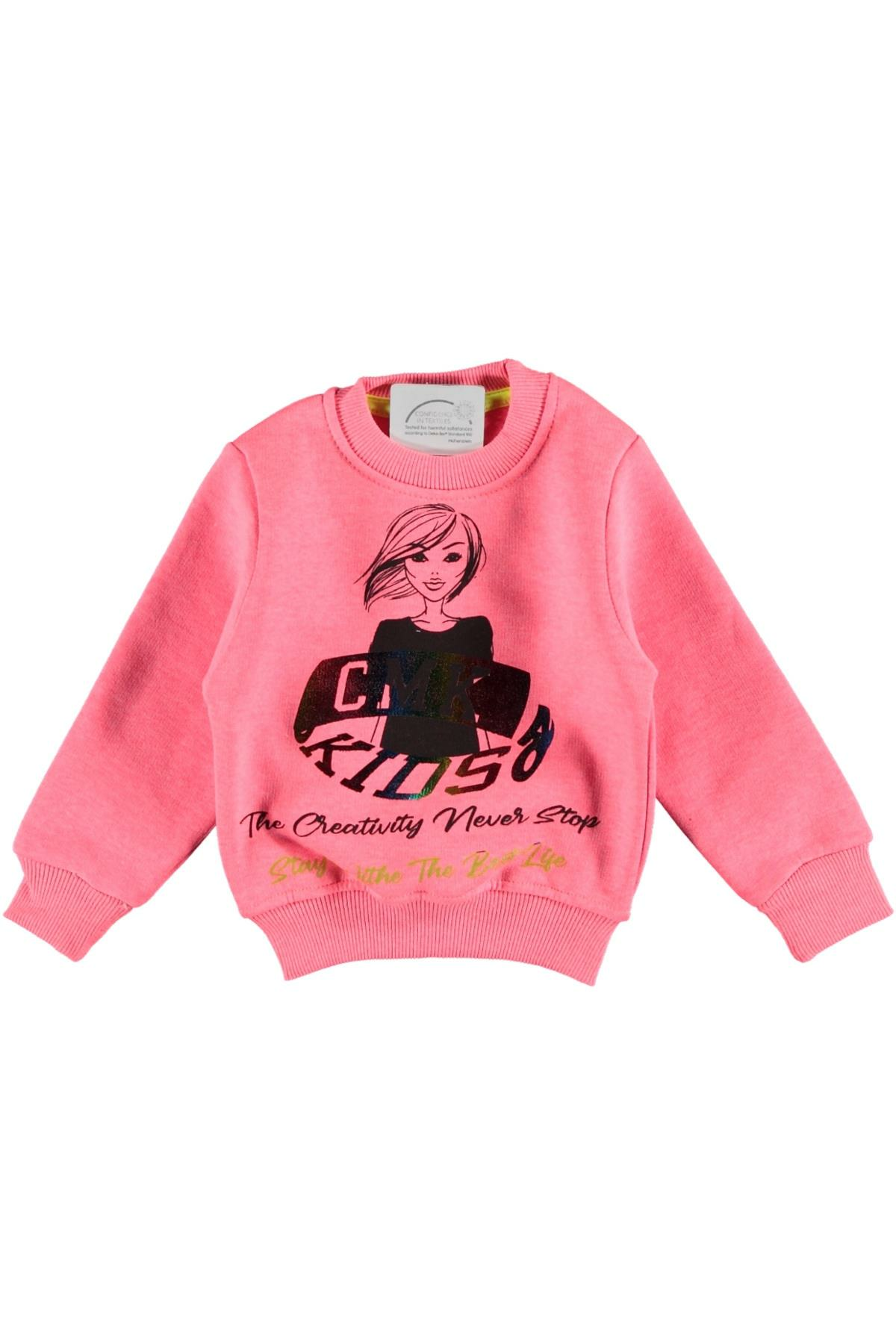 Pundikids Kız çocuk Baskılı 3 İplik Şardonlu Sweath Pembe - 10 - 11 Yaş
