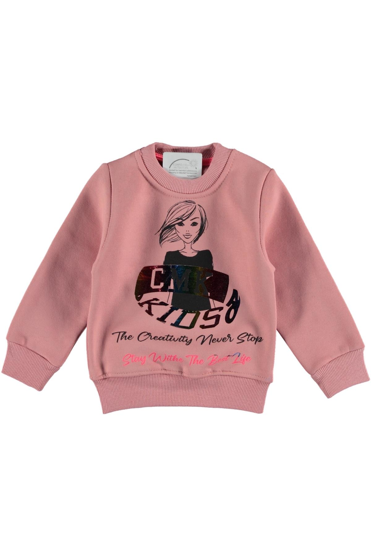 Pundikids Kız çocuk Baskılı 3 İplik Şardonlu Sweath Somon - 10 - 11 Yaş