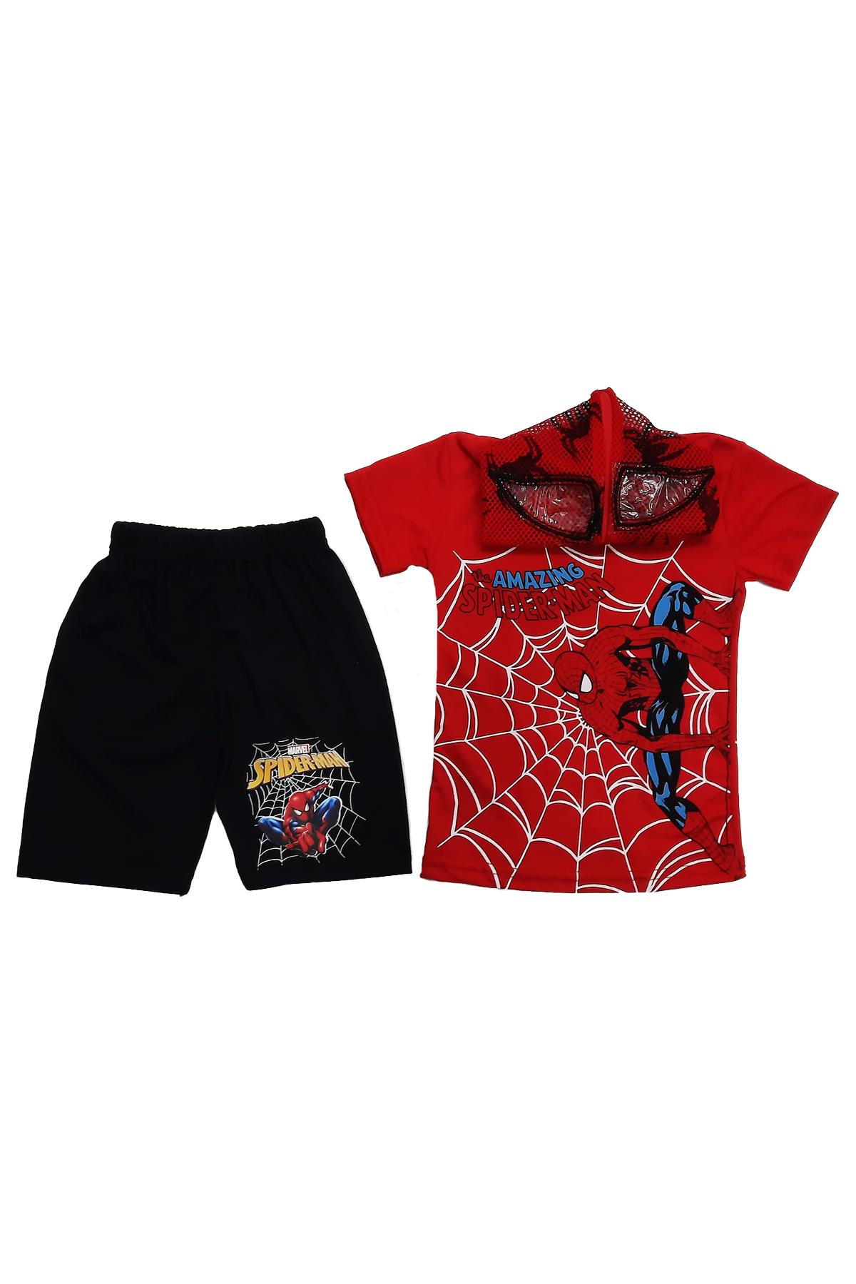 Pundikids Erkek Çocuk Spiderman Baskılı Maskeli Şortlu Takım Kırmızı - 7 - 8 Yaş