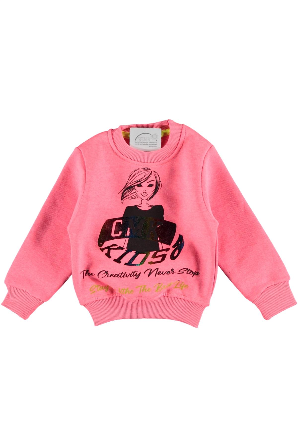 Pundikids Kız çocuk Baskılı 3 İplik Şardonlu Sweath Pembe - 6 - 7 Yaş