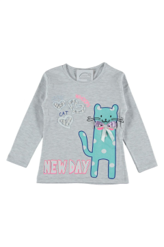 Pundikids Kız Çocuk Kedi Baskılı Mevsimlik Sweatshirt Gri - 6 - 7 Yaş