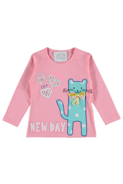 Pundikids Kız Çocuk Kedi Baskılı Mevsimlik Sweatshirt AÇIK PEMBE - 5 - 6 Yaş