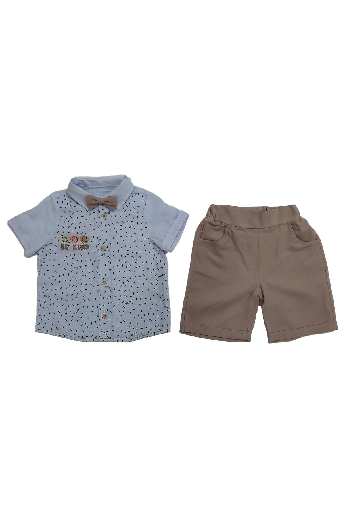 Pundikids Erkek Çocuk Keten Şortlu Papyonlu 3'Lü Takım Mavi - 2 Yaş