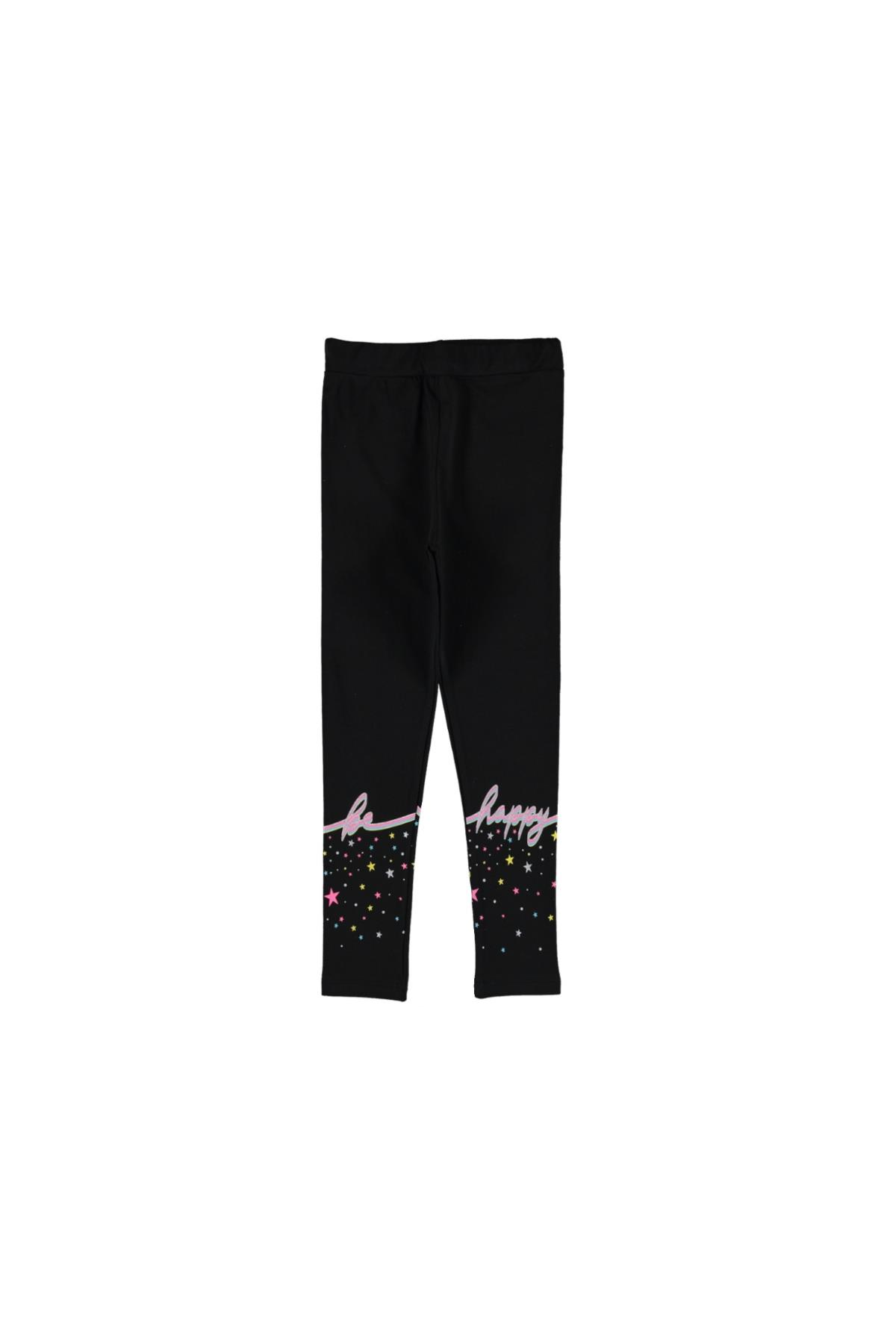 Pundikids Kız Çocuk Happy Baskılı Tayt Siyah - 4 - 5 YAŞ