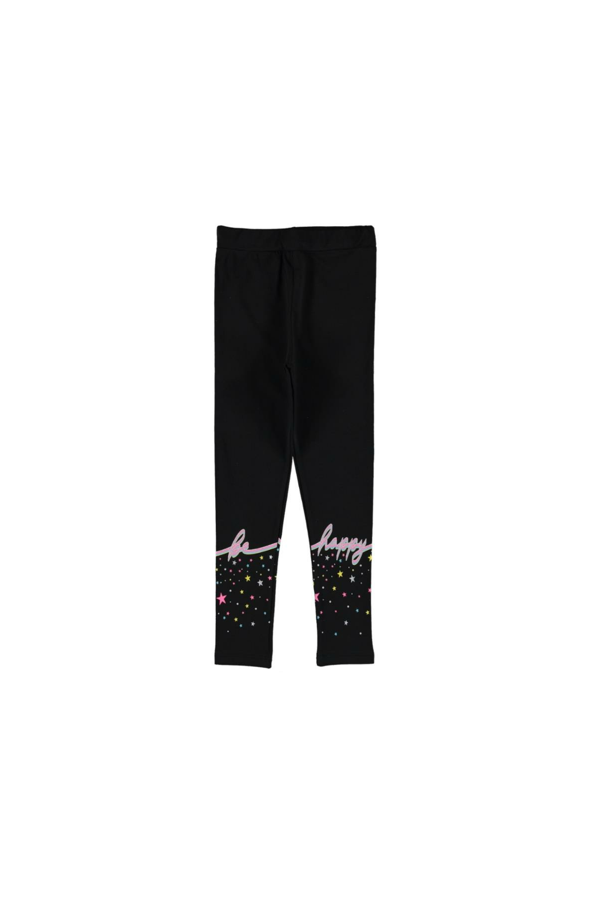 Pundikids Kız Çocuk Happy Baskılı Tayt Siyah - 6 - 7 Yaş