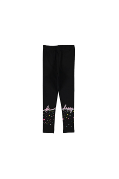 Pundikids Kız Çocuk Happy Baskılı Tayt Siyah - 7 - 8 Yaş