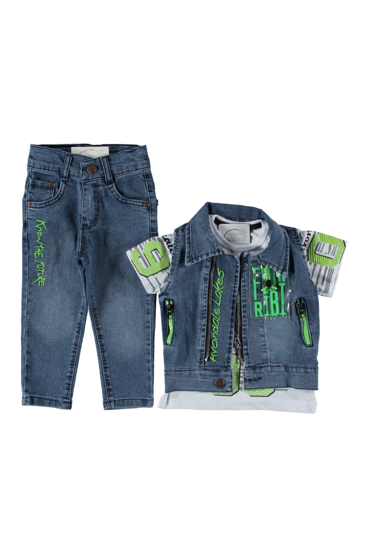 Pundikids Erkek Çocuk Kot Yelekli 3'lü Takım Mavi - 7 Yaş