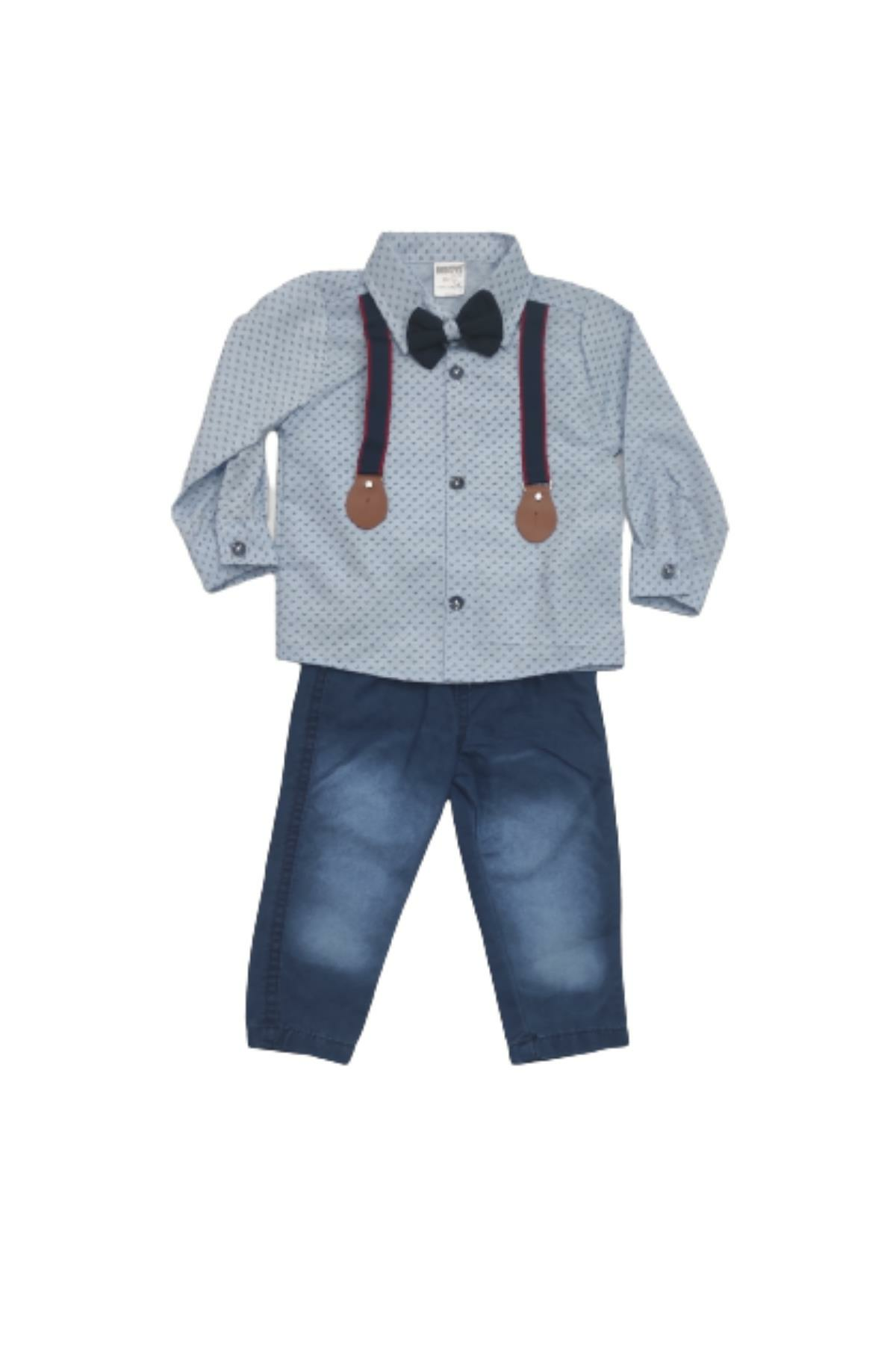 Pundikids Erkek Çocuk Askılı Papyonlu Alt Üst Takım Mavi - 1 Yaş