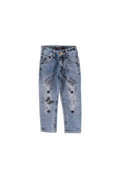 Kız Çocuk Taşlı Dar kesim Kot pantolon Mavi - 5 - 6 Yaş