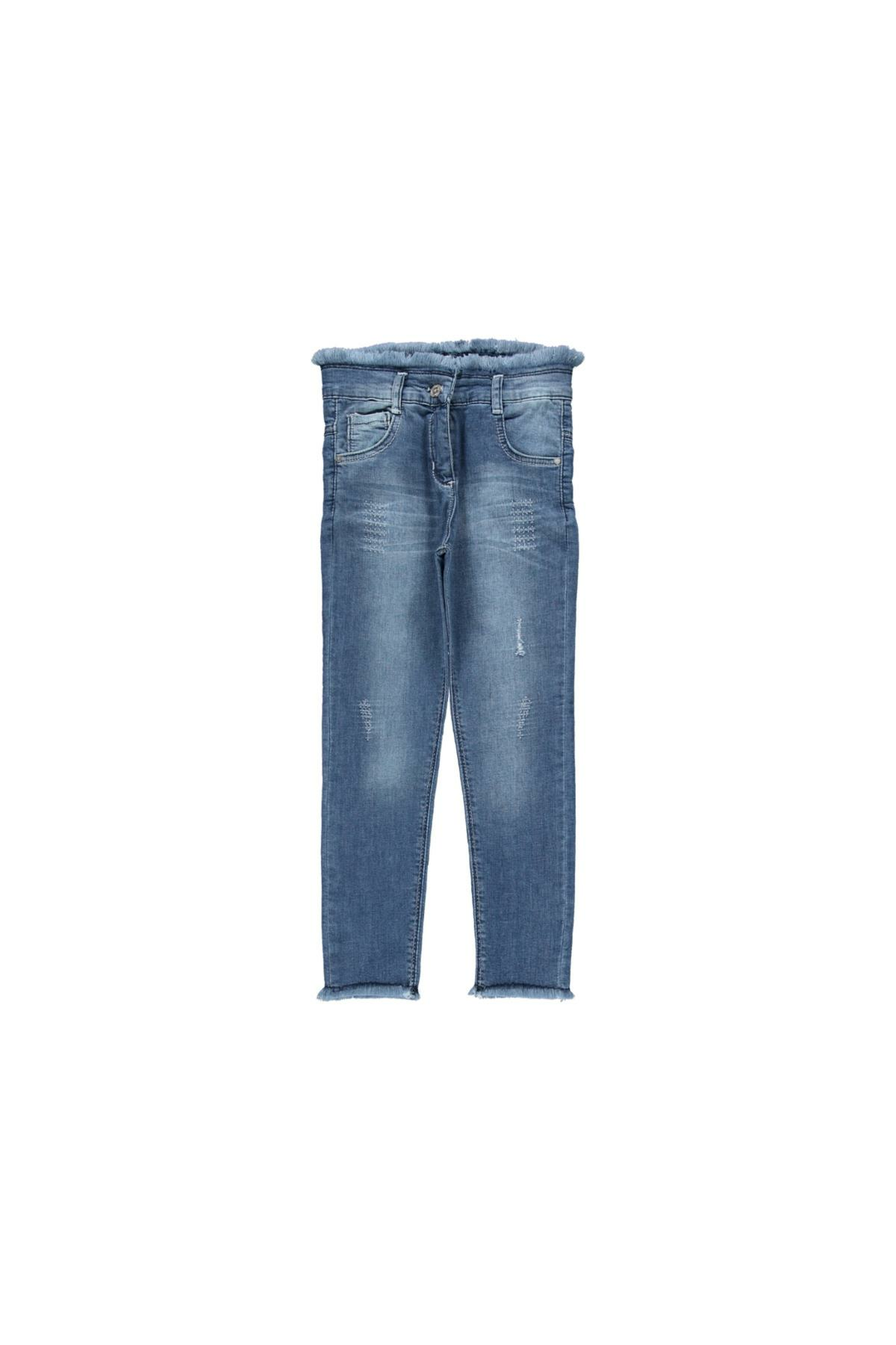 Kız Çocuk Yıpratmalı Paçası Beli PüsküllüLikralı Pantolon Mavi - 13 Yaş