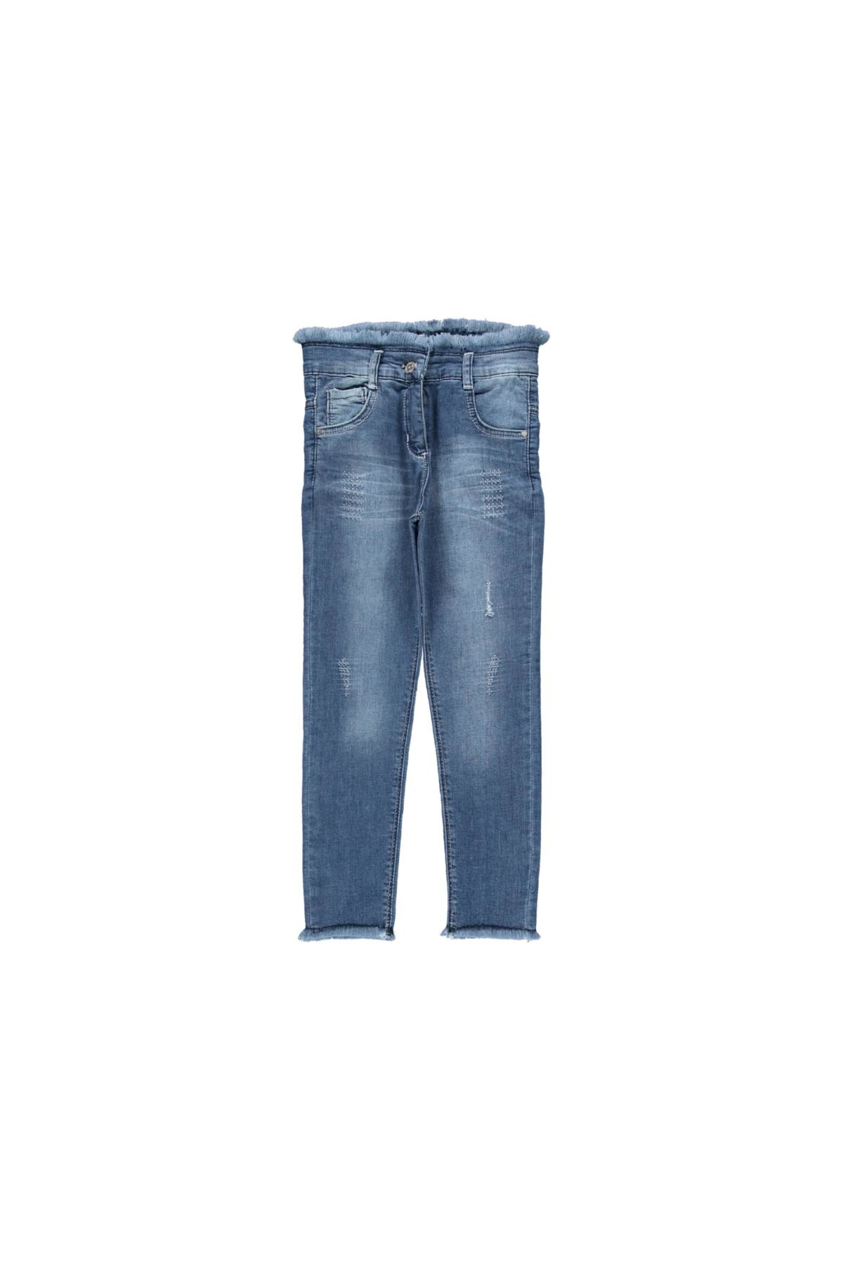 Kız Çocuk Yıpratmalı Paçası Beli PüsküllüLikralı Pantolon 14 Yaş - Mavi