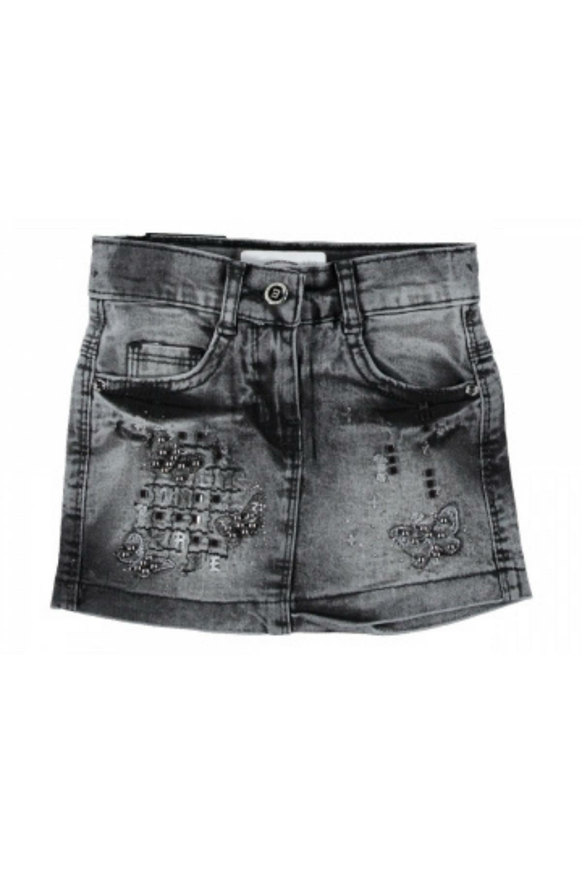 Kız Çocuk Taşlı Likralı Kot Etek Gri - 8 Yaş