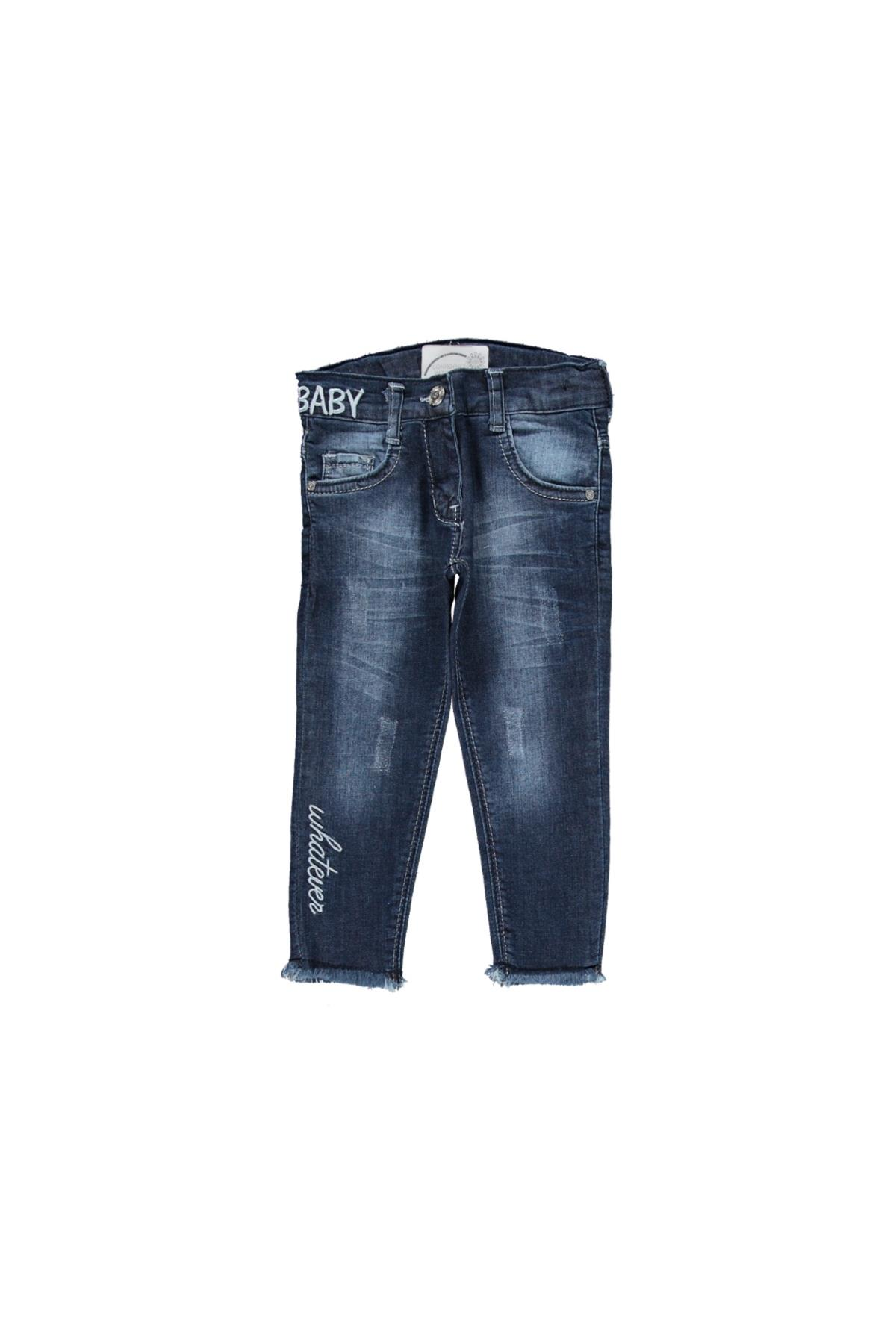 Kız Çocuk Dar Kesim Beli Paçası Nakışlı Likralı Kot pantolon Lacivert - 12 Yaş