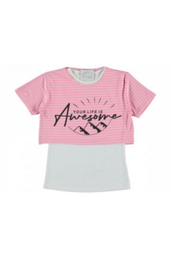 Kız Çocuk İkili Çizgili T-shirt Pembe - 8 Yaş