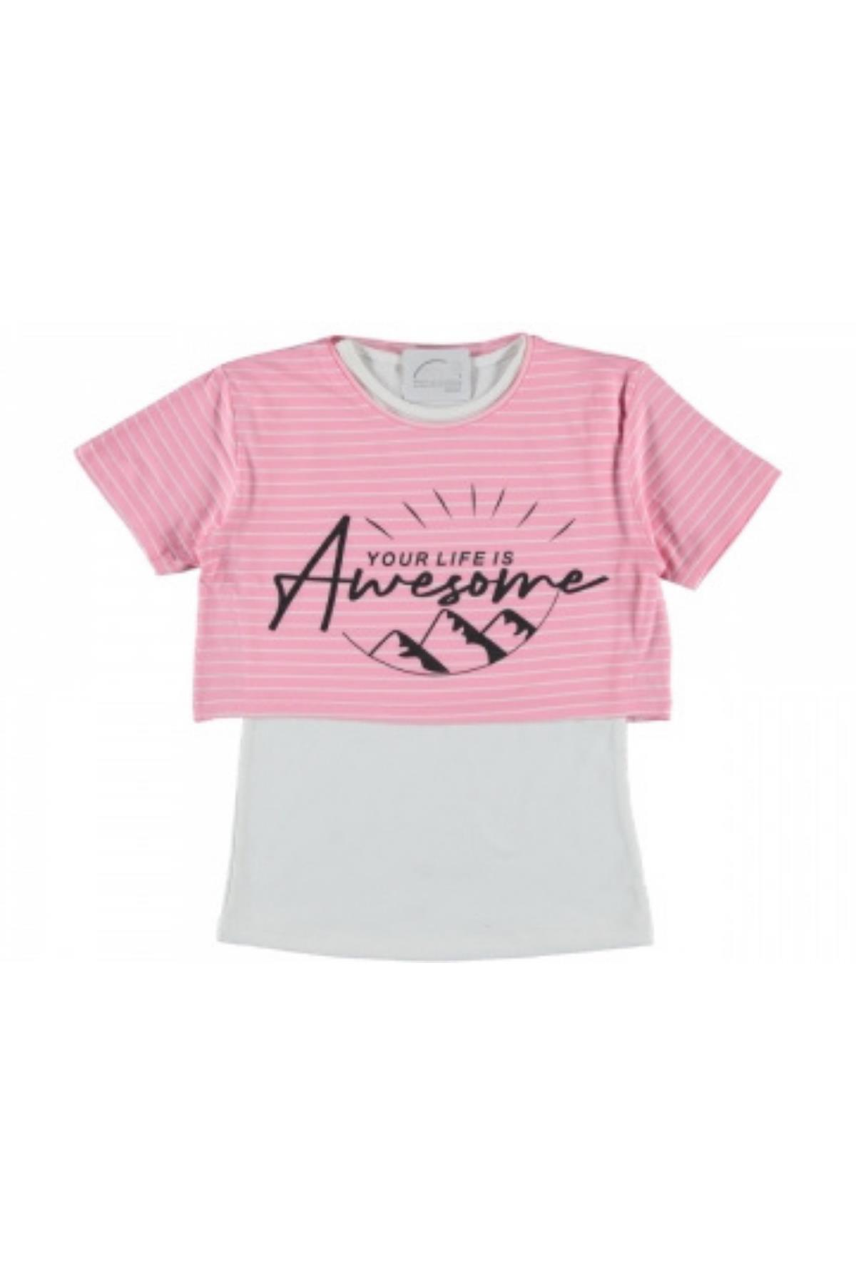 Kız Çocuk İkili Çizgili T-shirt Pembe - 10 Yaş