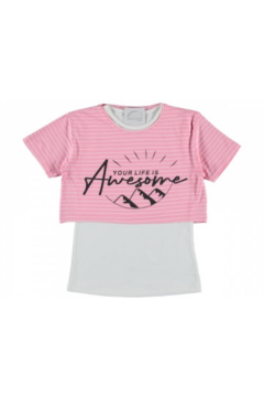 Kız Çocuk İkili Çizgili T-shirt Pembe - 10 Yaş