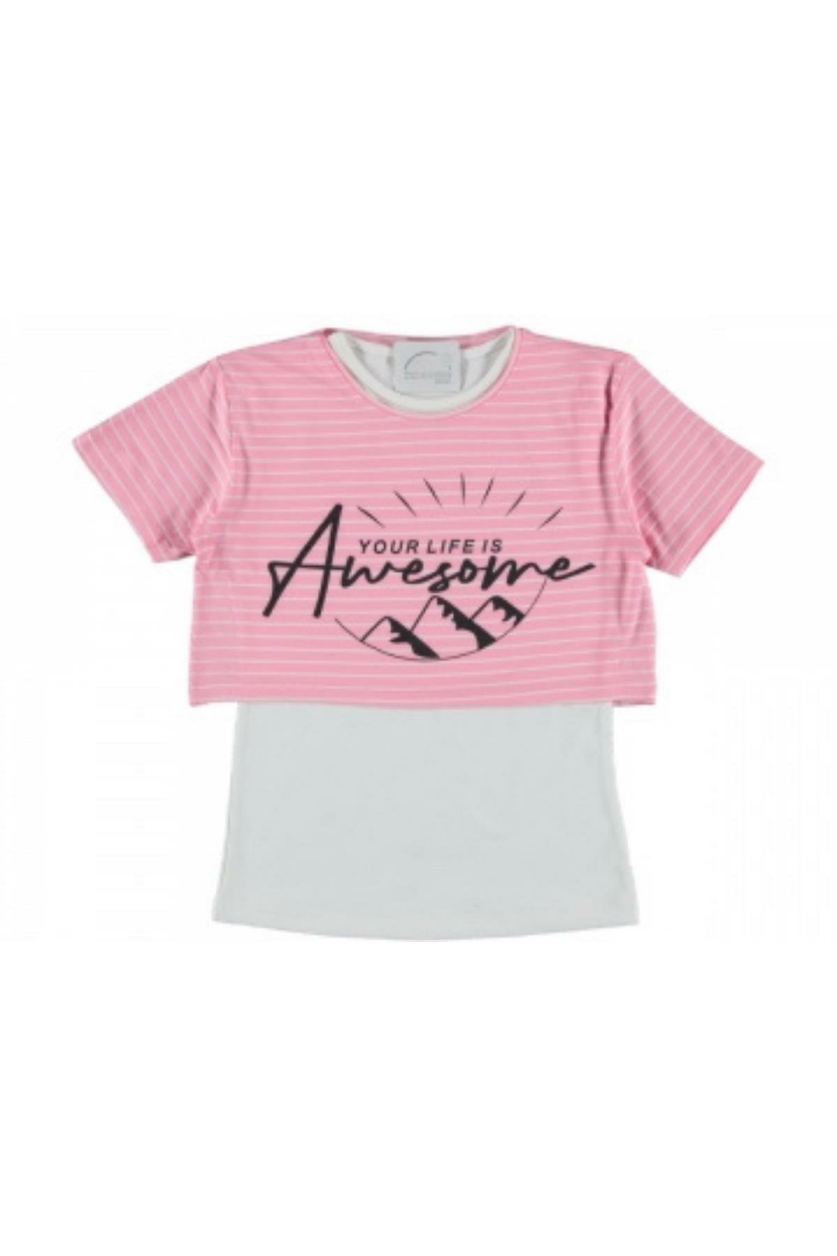 Kız Çocuk İkili Çizgili T-shirt Pembe - 11 Yaş
