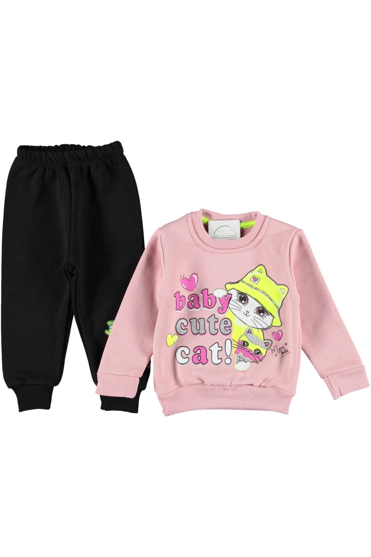 Pundikids Kız Çocuk Cute Baskılı Şardonlu Takım PUDRA - 1 - 2 Yaş