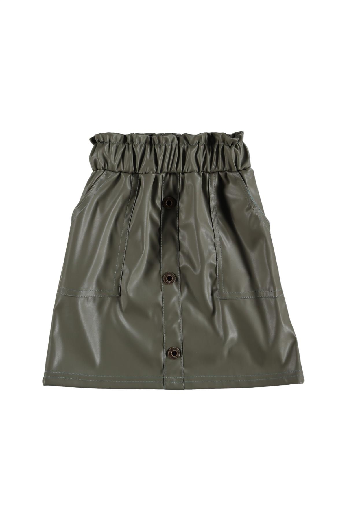Kız Çocuk Düğme Aksesuarlı Deri Etek Yeşil - 8 Yaş