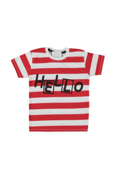 Erkek Çocuk Hello Baskılı Geniş Kesim Çizgili T-shirt Kırmızı - 2 - 3 Yaş