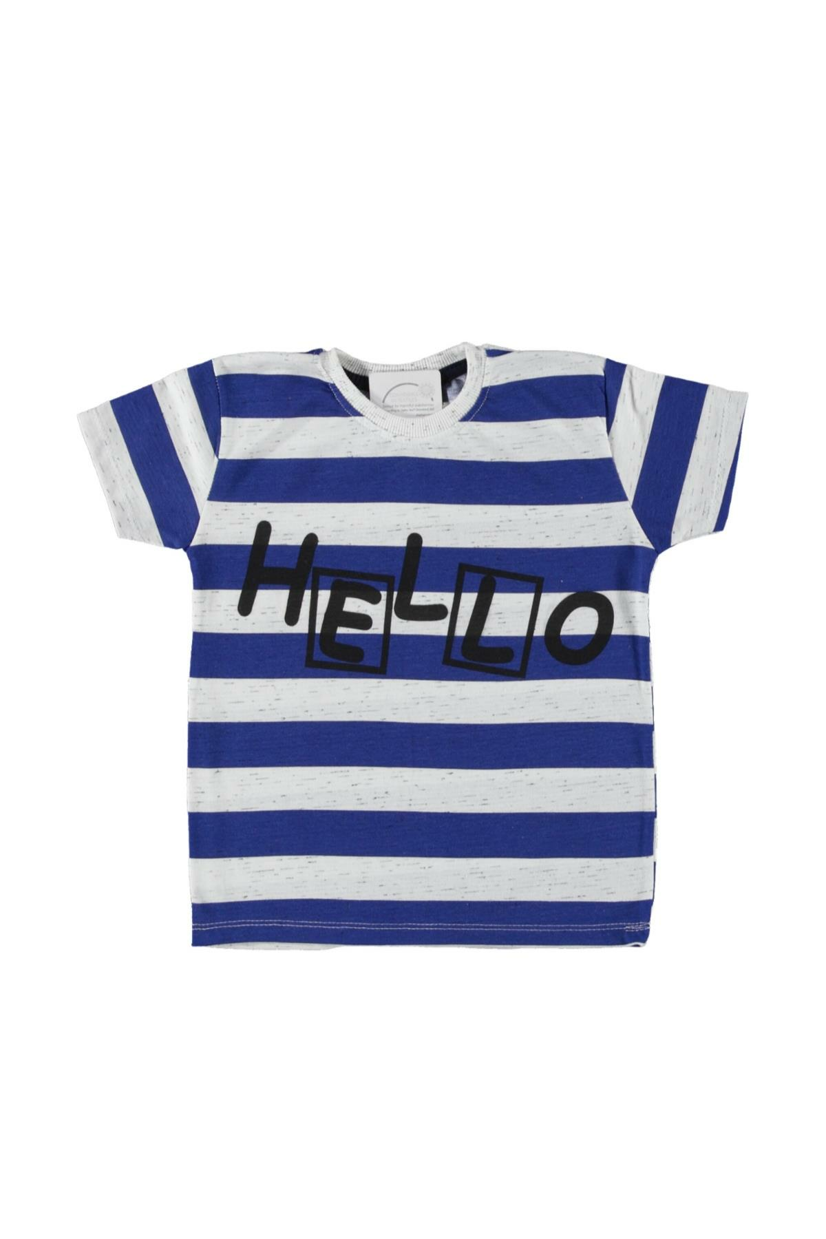 Erkek Çocuk Hello Baskılı Geniş Kesim Çizgili T-shirt Mavi - 5 - 6 Yaş