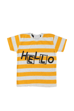 Erkek Çocuk Hello Baskılı Geniş Kesim Çizgili T-shirt Sarı - 3 - 4 Yaş