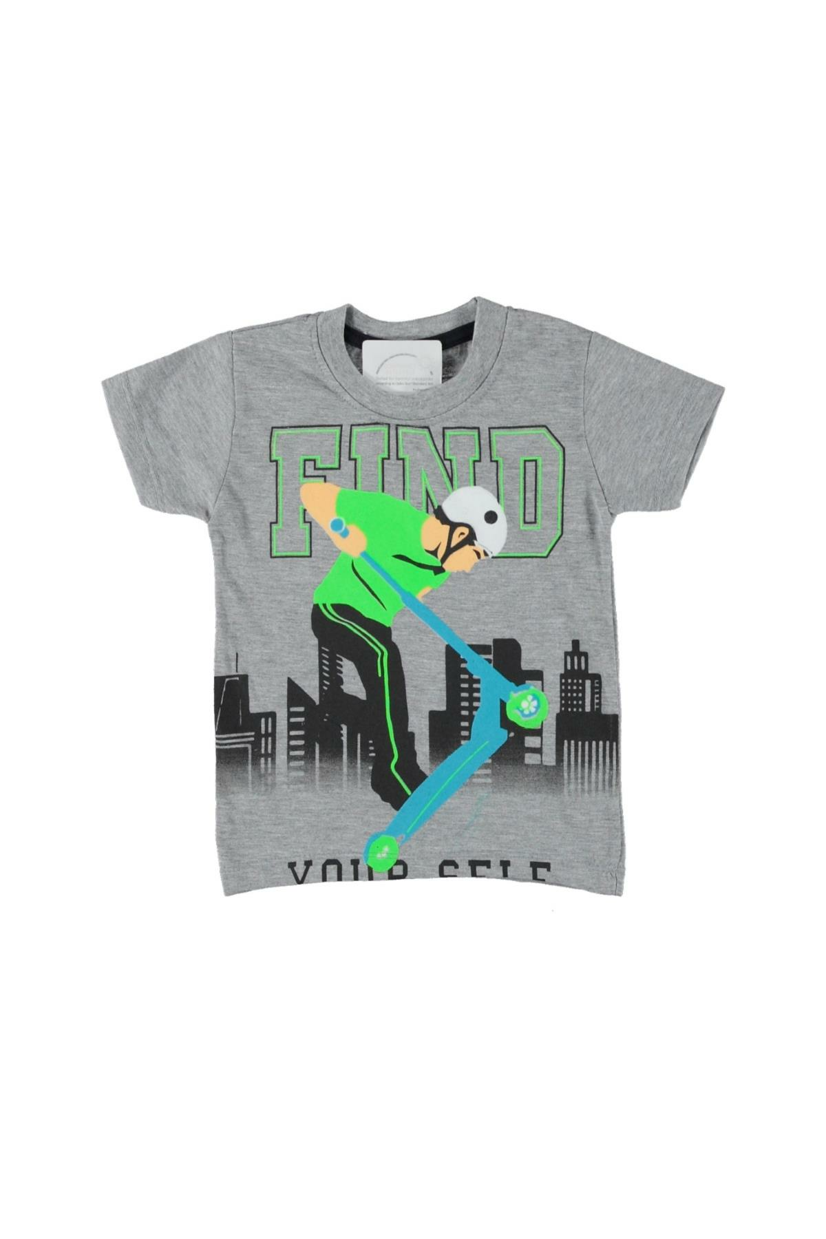 Erkek Çocuk Fınd Baskılı T-shirt Gri - 6 - 7 Yaş