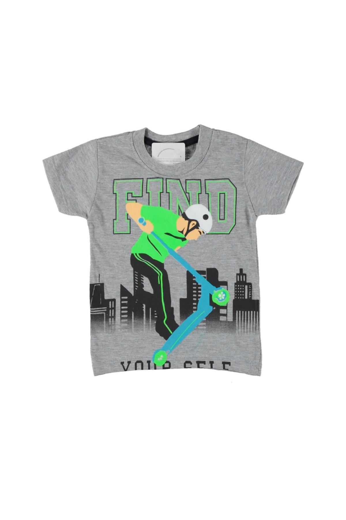 Erkek Çocuk Fınd Baskılı T-shirt Gri - 7 - 8 Yaş