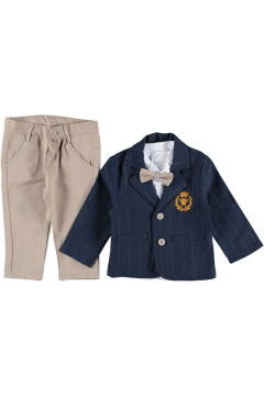 Erkek Çocuk Ceketi Çizgili Keten Pantolonlu 3'Lü Takım Bej - 1 Yaş