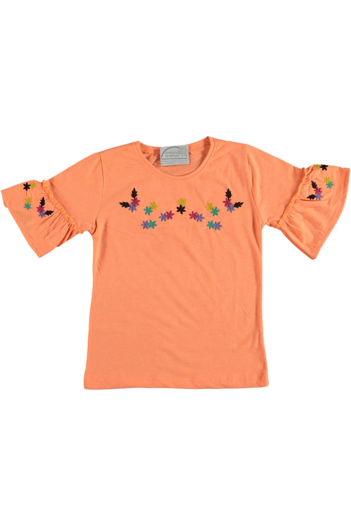 Pundikids Kız Çocuk İp İşlemeli Volanlı T-shirt Turuncu - 8 - 9 Yaş