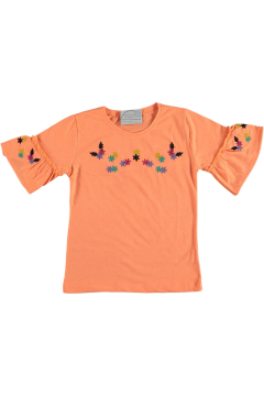 Pundikids Kız Çocuk İp İşlemeli Volanlı T-shirt Turuncu - 11 - 12 Yaş