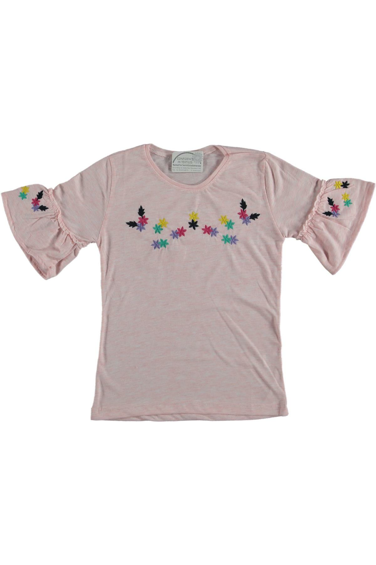 Pundikids Kız Çocuk İp İşlemeli Volanlı T-shirt PUDRA - 8 - 9 Yaş