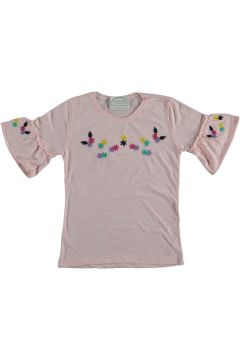 Pundikids Kız Çocuk İp İşlemeli Volanlı T-shirt PUDRA - 9 - 10 Yaş