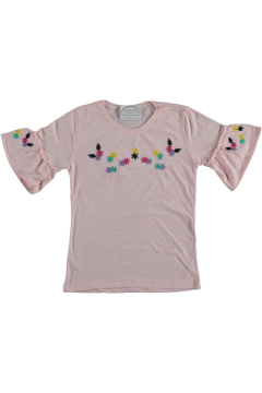 Pundikids Kız Çocuk İp İşlemeli Volanlı T-shirt PUDRA - 11 - 12 Yaş