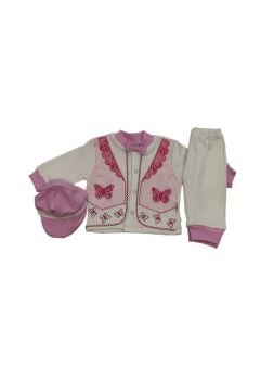 KIZ BEBEK KELEBEK İŞLEMELİ ÜÇ LÜ ZIBIN TAKIM Pembe - 0 - 3 Ay