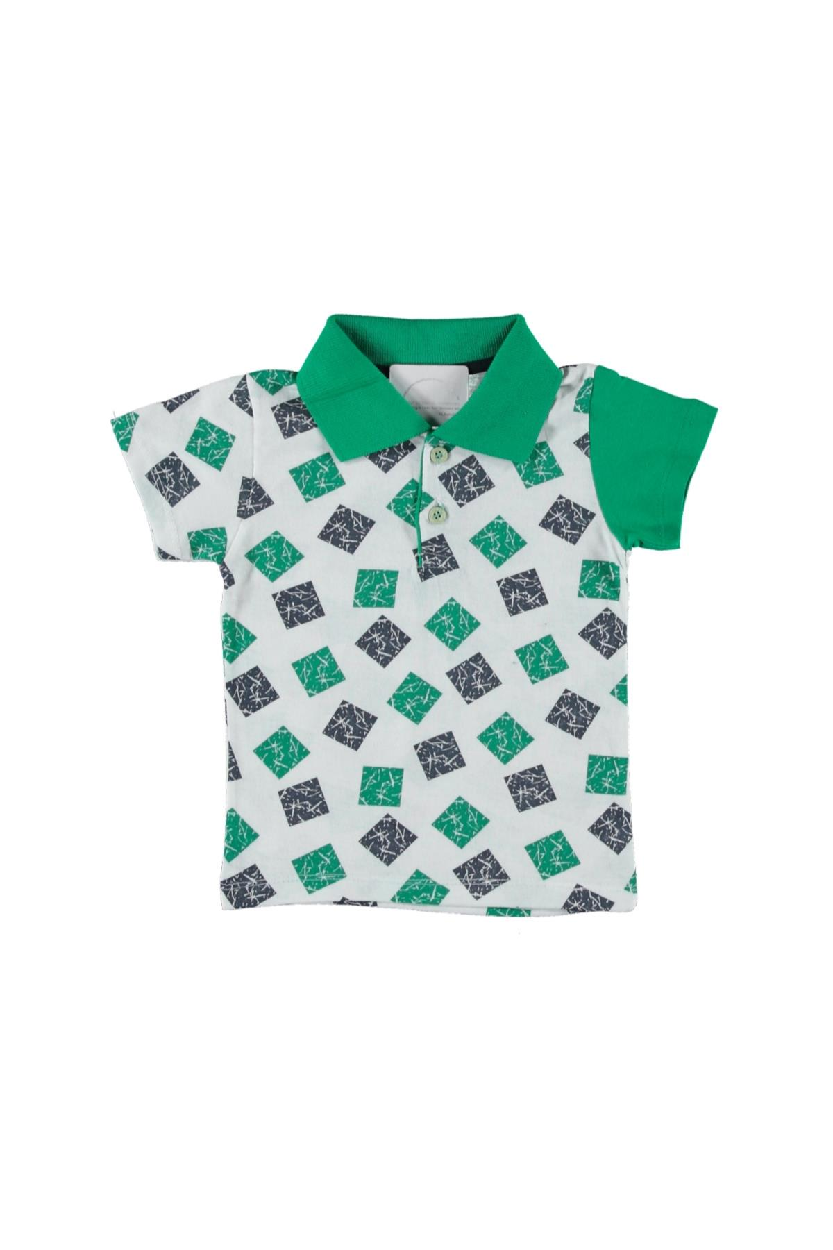 Erkek Çocuk Yakalı Mozaik Baskılı T-shirt Yeşil - 7 - 8 Yaş