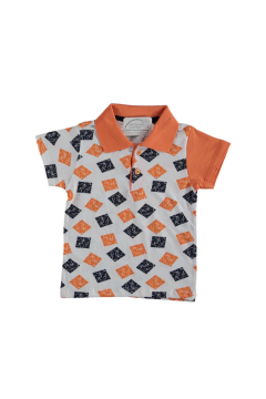 Erkek Çocuk Yakalı Mozaik Baskılı T-shirt Turuncu - 6 - 7 Yaş