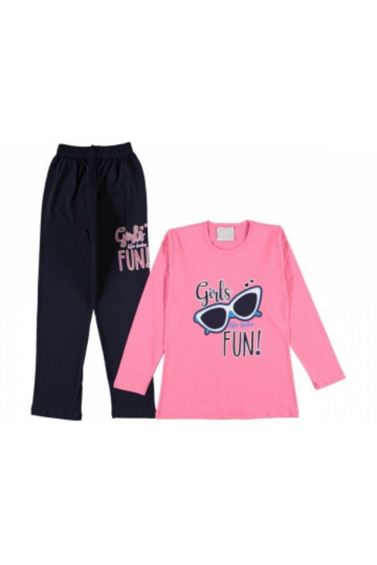 Kız Çocuk Gözlük Baskılı Yazlık Pijama Takımı Nar Çiçeği - 12 - 13 Yaş