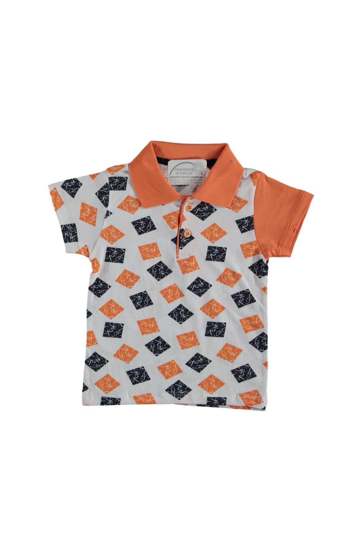 Erkek Çocuk Yakalı Mozaik Baskılı T-shirt Turuncu - 11 - 12 Yaş