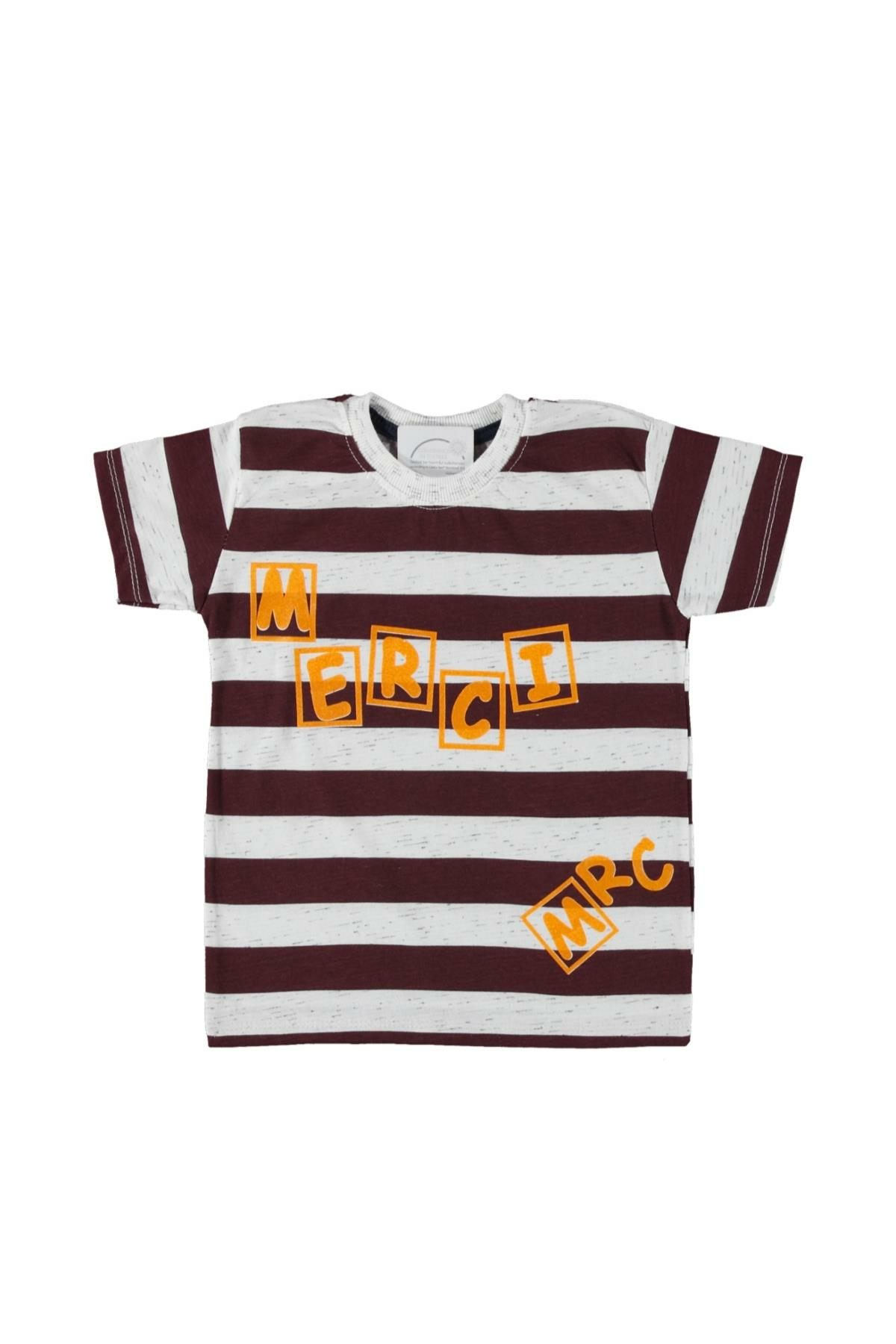 Erkek Çocuk Çizgili Geniş Kesim T-shirt Bordo - 10 - 11 Yaş